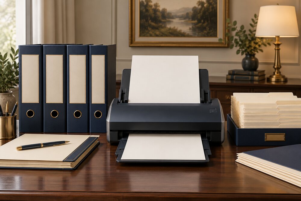Escáner, carpetas y documentos apilados en una mesa de trabajo
