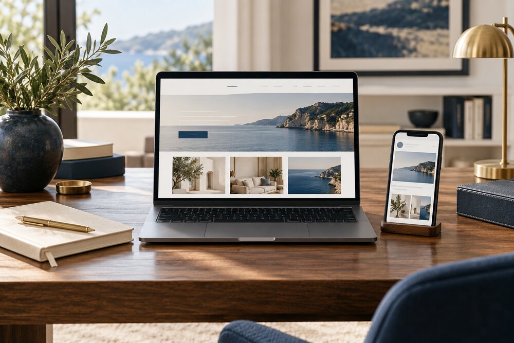 Laptop y teléfono móvil mostrando una página web y redes sociales